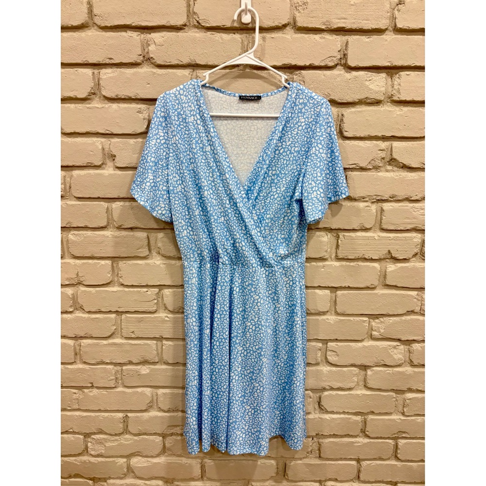Fensace Large Light Blue White Leopard Print Faux Wrap Dress Short Sleeve V-Neck